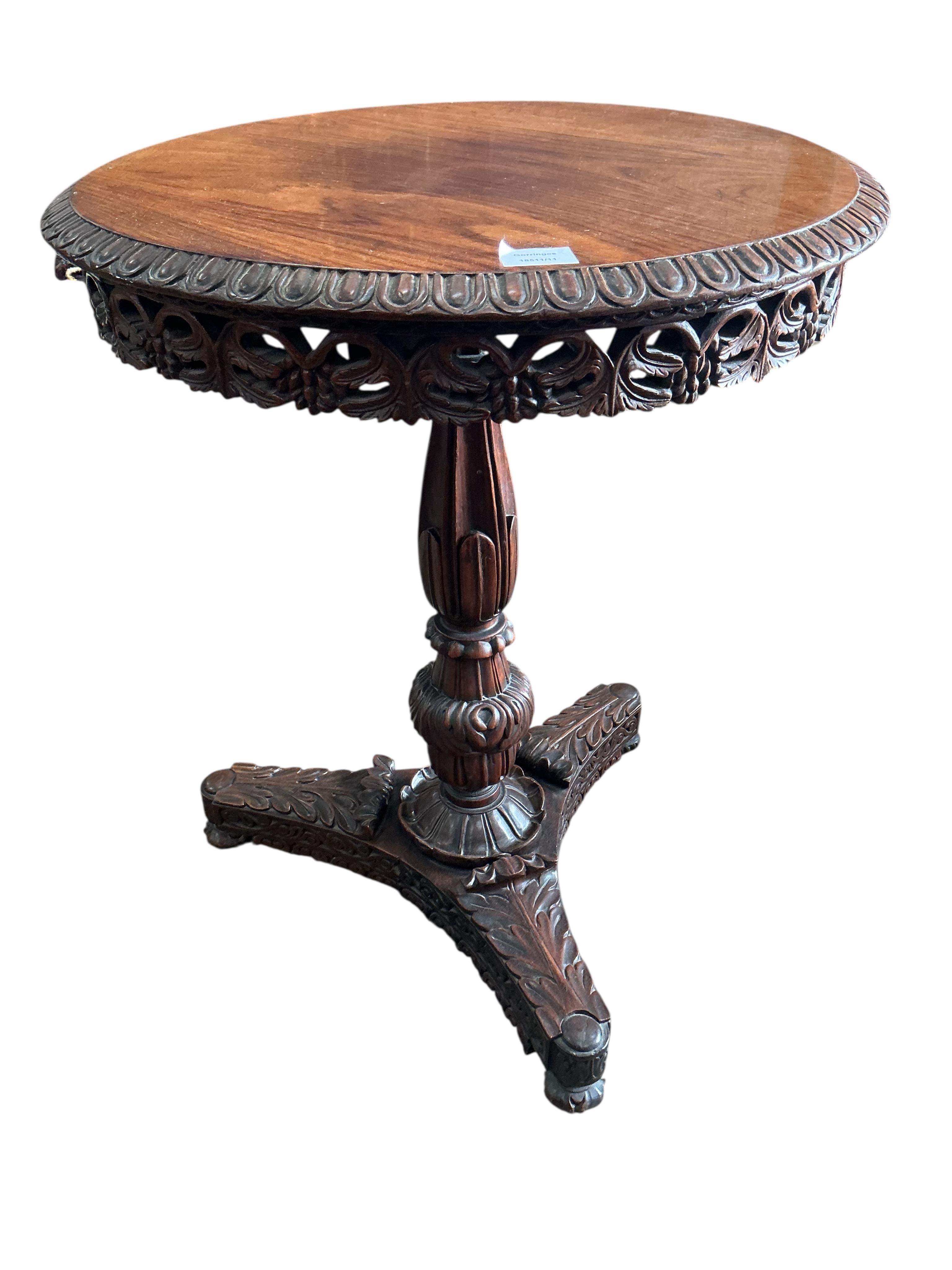 A 19th century Anglo-Indian circular rosewood table, diameter 58cm, height 72cm